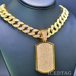 Iced Out Jumbo Gold Plated Dog Tag Pendant, Chain